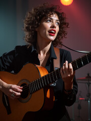 Obraz premium Musician performs passionately with guitar during live concert in intimate venue at night