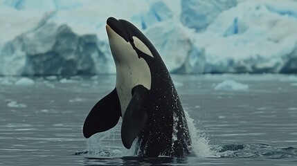 Obraz premium Orca breaching in icy Antarctic waters.