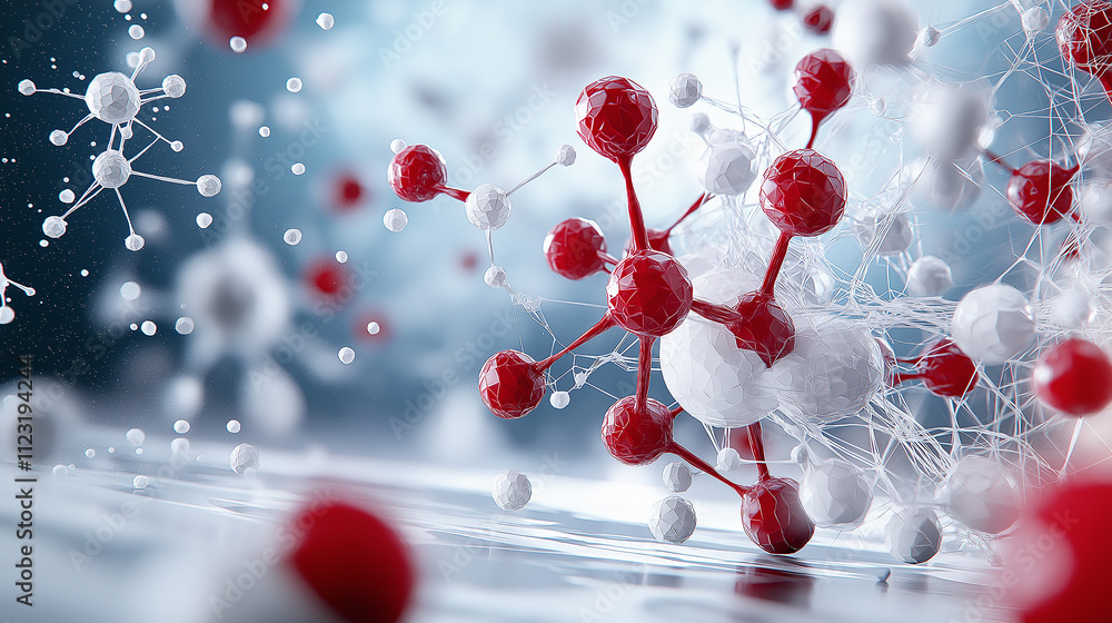 Poster artistic illustration of molecules red and white colors, showcasing their intricate connections and 