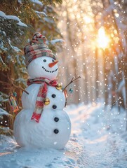 Obraz premium Cheerful Snowman Among Trees in Winter Forest at Sunset Glow