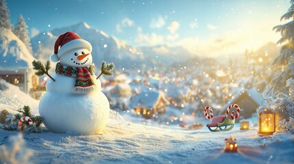 Fototapeta premium Charming Winter Scene with Snowman and Festive Decorations