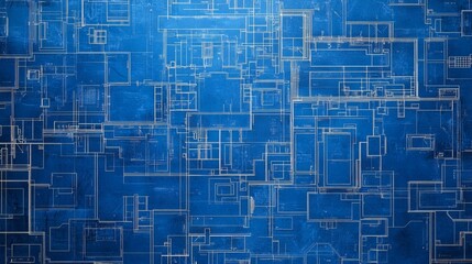 Fototapeta premium The image features a complex array of white lines intricately forming a circuit-like geometric pattern on a vivid blue background, creating an industrial feel.
