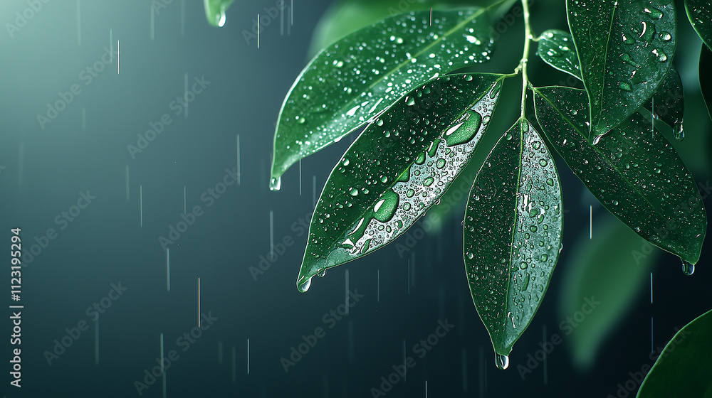 Poster lush green leaves glistening with water droplets in serene rain setting, creating refreshing and tra