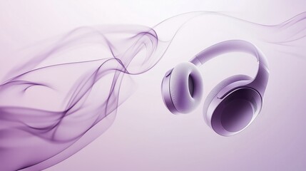 A premium pair of headphones floating in air with light abstract sound waves.