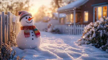 Obraz premium Cheerful Snowman Surrounded by Snowy Landscape at Sunset