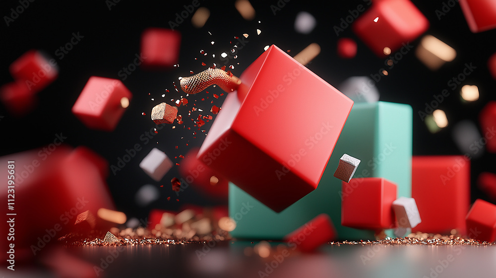 Poster Colorful abstract composition of floating geometric shapes, including red and green cubes, creating dynamic visual effect with scattered particles and modern aesthetic