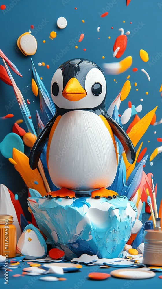 Poster A whimsical penguin figurine stands on an icy surface surrounded by colorful abstract shapes.