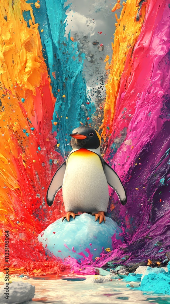 Poster A colorful explosion surrounds a penguin standing on a rock, creating a vibrant scene.