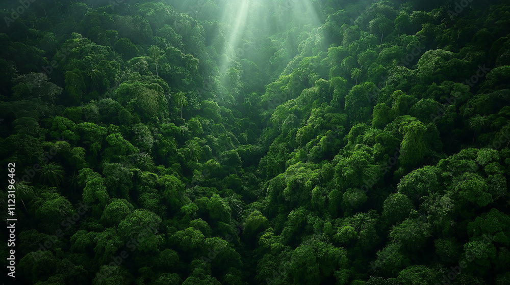 Poster aerial view of lush tropical rainforest canopy with vibrant green foliage, illuminated by soft sunli