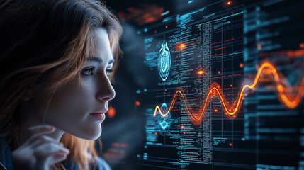 focused woman analyzes advanced medical data digital screen, showcasing cutting edge technology healthcare. vibrant graphics highlight her concentration and importance of data modern medicine