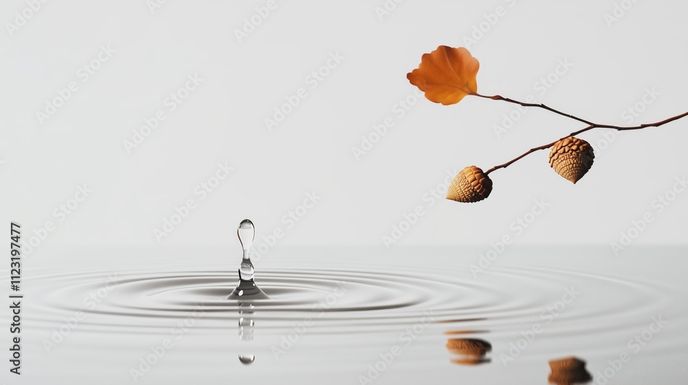 Poster a drop of water falls on the table, with ripples forming in it, and an acorn branch floating above t