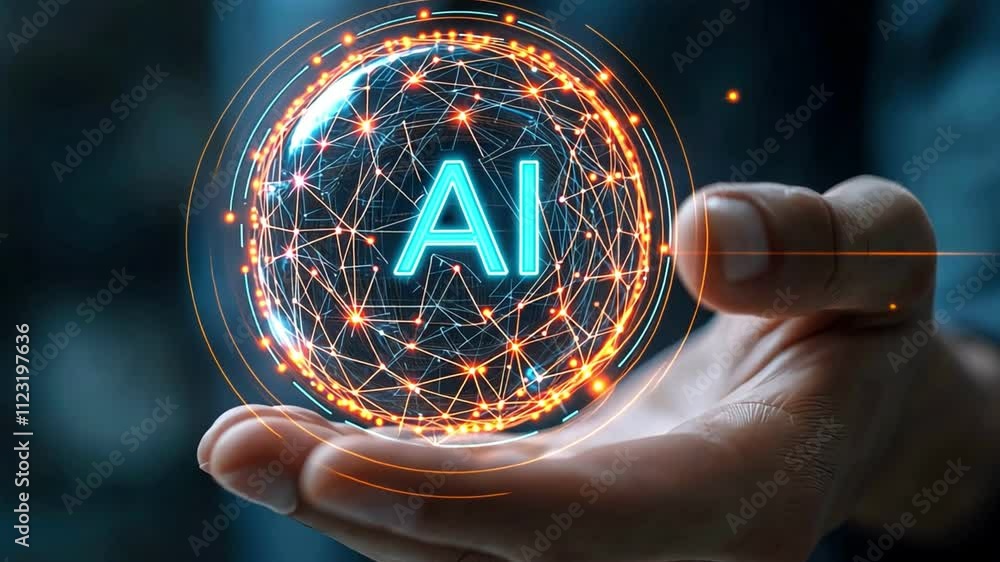 Aufkleber hand holding a glowing sphere with ai text, representing artificial intelligence concepts.