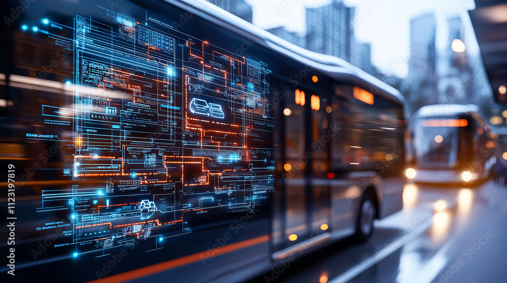 Poster autonomous bus with digital interface showcasing technology and urban environment. futuristic design