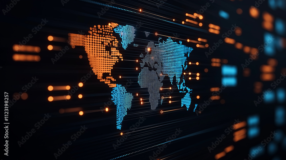 Leinwandbilder digital illustration of world map with glowing dots and lines, representing global trade and connect