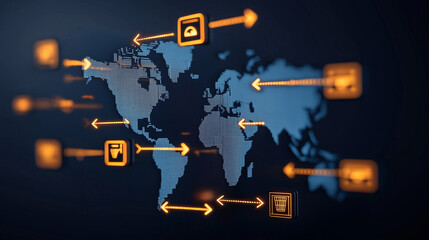 Global trade network illustration with arrows and icons representing commerce, logistics, and tariffs. digital map highlights international connections and trade flow