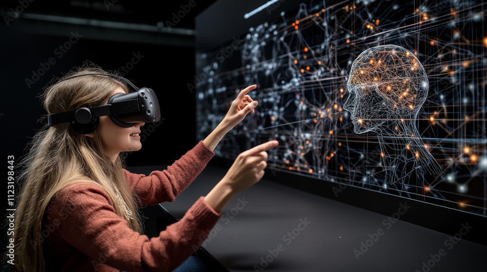 Poster woman wearing virtual reality headset interacts with digital brain visualization, exploring futurist