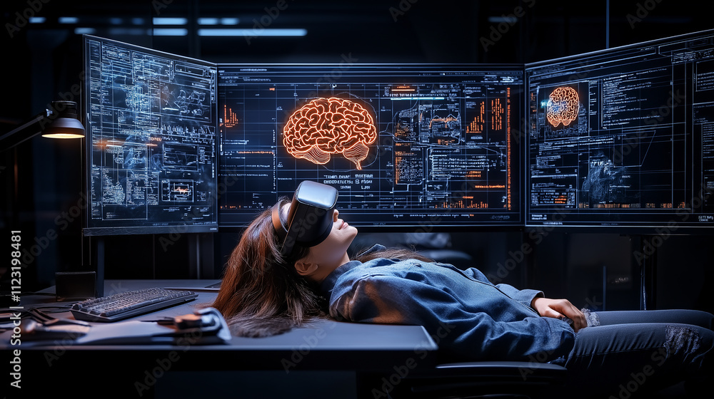 Poster woman wearing virtual reality headset lies back high tech workspace, surrounded by multiple screens 