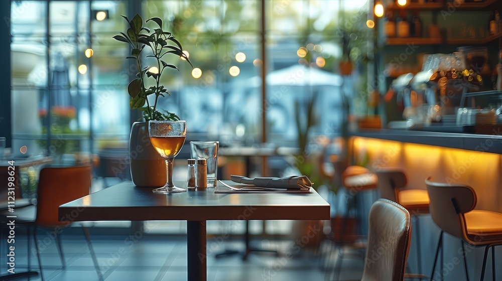 Poster in a restaurant with open plan large windows.