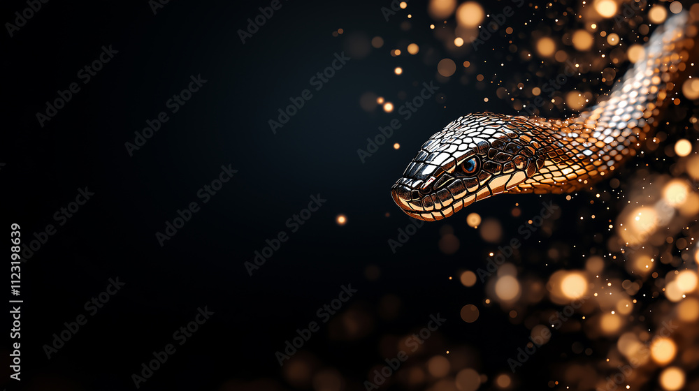 Aufkleber stunning close up of snake with shimmering, metallic texture, surrounded by blur of golden bokeh lig