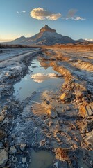 Dramatic Mountain Reflection in Puddle Desert Landscape Sunset