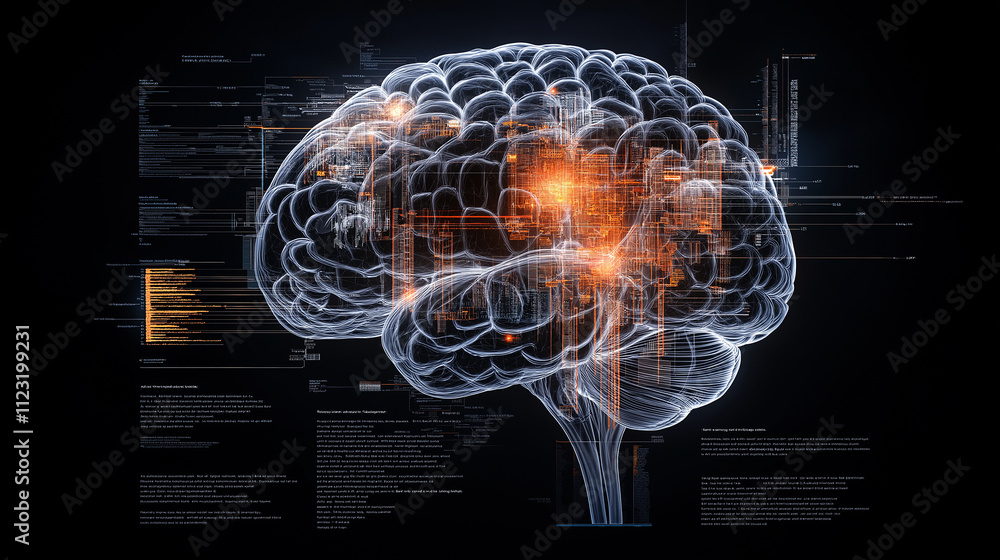 Poster artistic 8k illustration of human brain with glowing neural connections and data overlays, represent