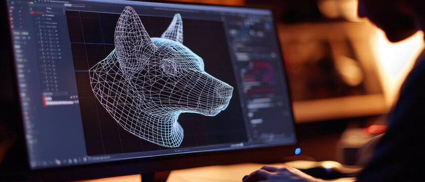 Close up view of 3D modeling software interface showcasing wireframe dog head, illustrating creativity and technical skill in design