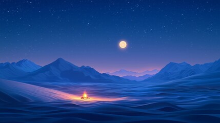 Fototapeta premium Serene Night Landscape with Campfire and Starry Sky