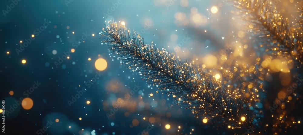 Poster a close-up of a sparkling pine branch with bokeh lights in a wintery atmosphere.
