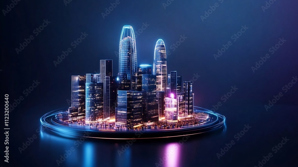 Poster futuristic metropolis skyline with glowing holograms and advanced architecture