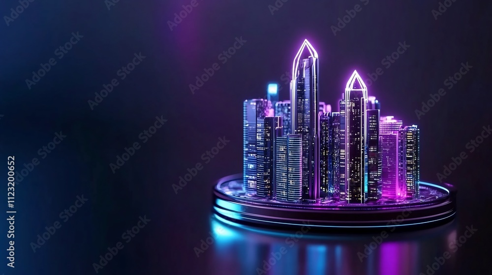 Poster futuristic cityscape with illuminated holograms and advanced architecture
