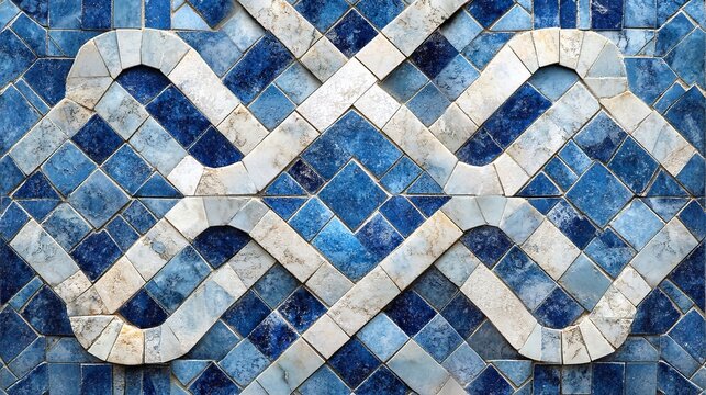 An intricate spiral mosaic made with rich blue ceramic tiles, showcasing sophisticated symmetry and classic artistry, ideal for architectural decorations.