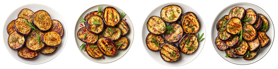Succulent roasted eggplant slices arranged on a simple yet elegant plate  garnished with fresh aromatic herbs