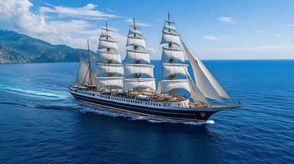 A majestic large sailing ship with crisp white sails glides over the open ocean beneath a clear blue sky, symbolizing adventure and freedom.