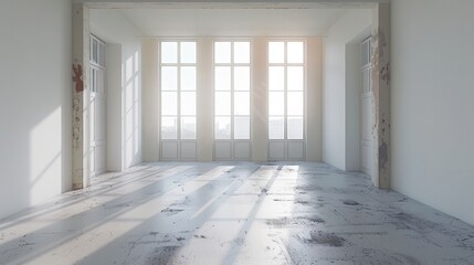 An empty room in a pre-renovation state, featuring plain white walls with subtle imperfections, a clean concrete or unfinished floor.