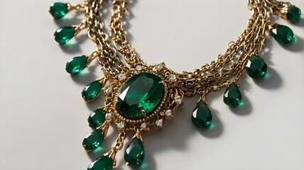 /imagine: A cascading emerald glass necklace with layered chains, artfully arranged on a white background. --ar 3:2 --v 4
