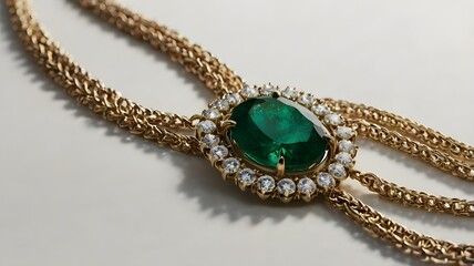 /imagine: A cascading emerald glass necklace with layered chains, artfully arranged on a white background. --ar 3:2 --v 4
