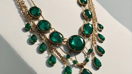 /imagine: A cascading emerald glass necklace with layered chains, artfully arranged on a white background. --ar 3:2 --v 4
