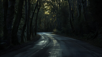 Obraz premium Snow Covered Forest Path Under Full Moon Night A scenic road leading through a dark forest A scenic road leading through a dark forest, Generative Ai