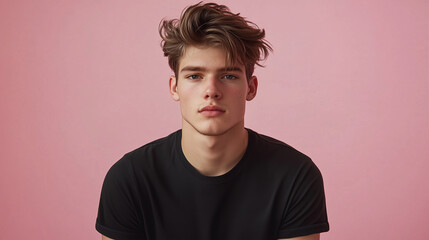 Fototapeta premium Young Man Posing in Black T-shirt Against Pink Background 