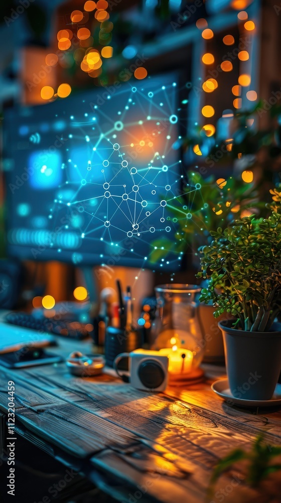 Poster cozy workspace with glowing network graphic on computer screen.