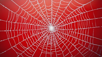 Obraz premium A detailed white spiderweb extends across a bright red background, offering a rich composition that explores themes of entanglement, intricacy, and structure.