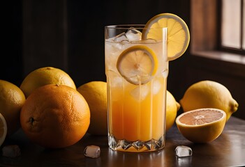 Fototapeta premium chilled lemonade with ice cubes and lemon slices, set on a table, ideal for a refreshing drink, ai.