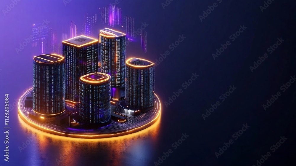 Poster futuristic digital city landscape with floating data visualizations and high-tech buildings
