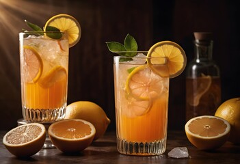 Fototapeta premium chilled lemonade with ice cubes and lemon slices, set on a table, ideal for a refreshing drink, ai.