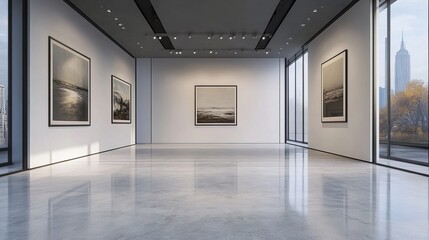 An elegant, spacious art gallery with minimal decor displays large, monochromatic landscape paintings, offering a serene and contemplative atmosphere for visitors.
