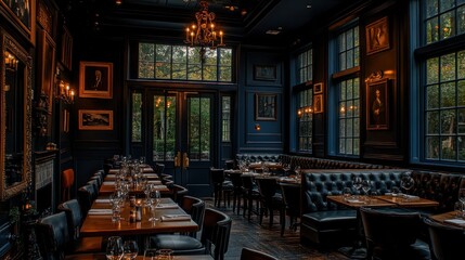 Luxurious, dark, elegant dining room with antique decor, wooden tables, dark leather booths, and large windows.