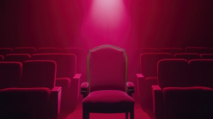 Obraz premium Empty movie theater with spotlight casting a solitary beam on the stage, symbolizing the power of imagination and the potential for new beginnings in a quiet, reflective space.