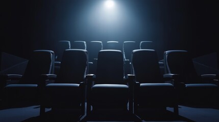 Fototapeta premium Empty movie theater with spotlight casting a solitary beam on the stage, symbolizing the power of imagination and the potential for new beginnings in a quiet, reflective space.