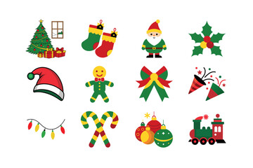 Merry Christmas and Holiday Icon set Collection, Christmas tree, Santa Claus, candy cane, festive lights, Festive Decorations and Symbols
