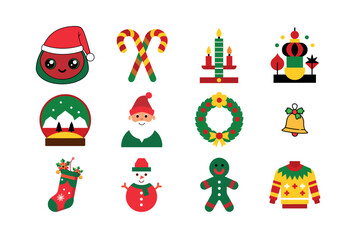 Naklejka premium Merry Christmas Colourfull Icon Set – Festive Snowman, Santa Claus, Snow Globe, Ornaments, Gingerbread Man, Holiday Sweater, and Seasonal Decorations in Flat Vector Style